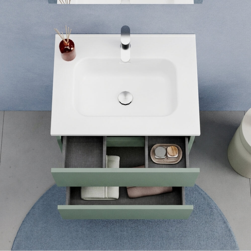 Mobile Bagno Sospeso 60 cm Verde Salvia - Modello Porto con Lavabo in Ceramica