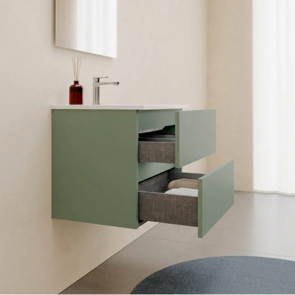 Mobile bagno Sospeso 60 cm Verde Salvia con cassetti e lavabo in ceramica - Mod. Porto