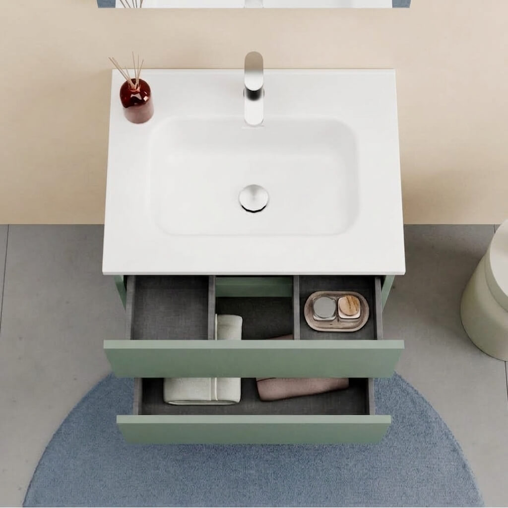 Mobile bagno Sospeso 60 cm Verde Salvia con cassetti e lavabo in ceramica - Mod. Porto