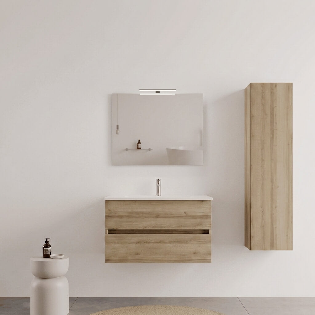 Mobile bagno Sospeso 80 cm Rovere con cassetti e lavabo in ceramica - Mod. Porto