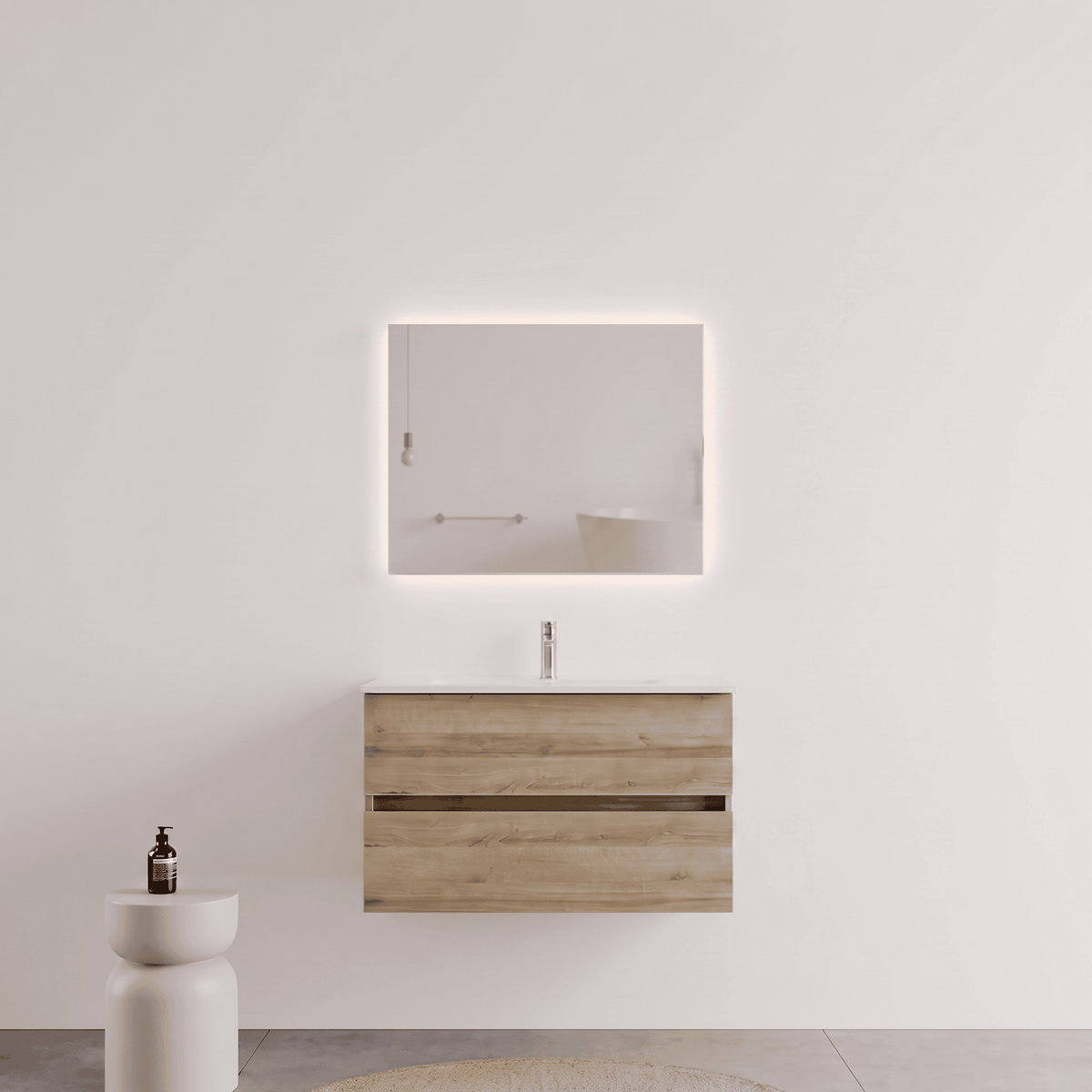 Mobile bagno Sospeso 80 cm Rovere con cassetti e lavabo in ceramica - Mod. Porto