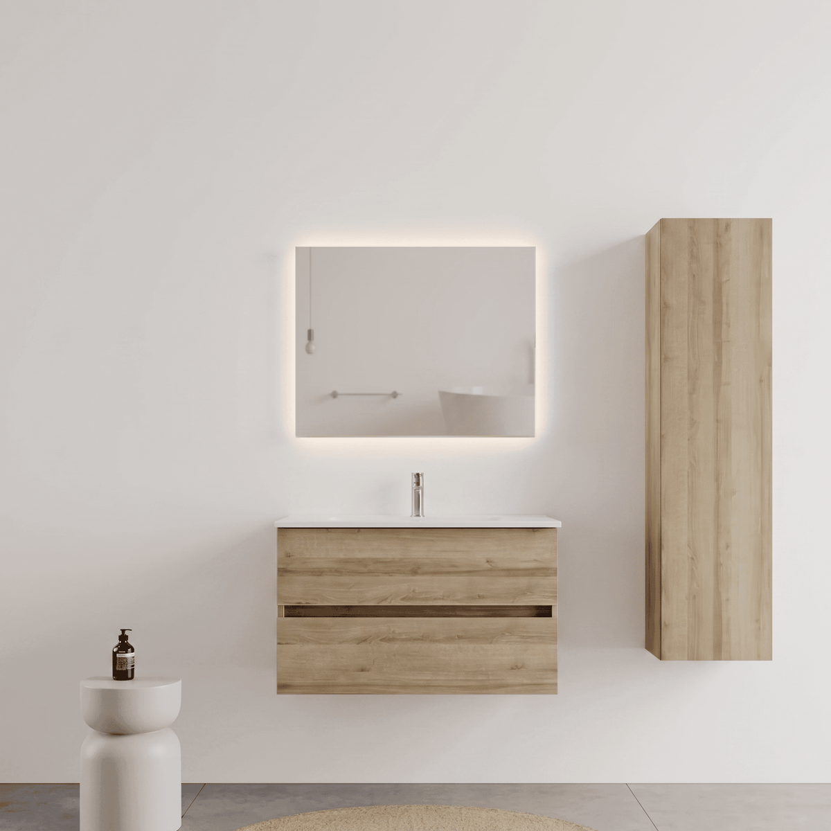 Mobile bagno Sospeso 80 cm Rovere con cassetti e lavabo in ceramica - Mod. Porto