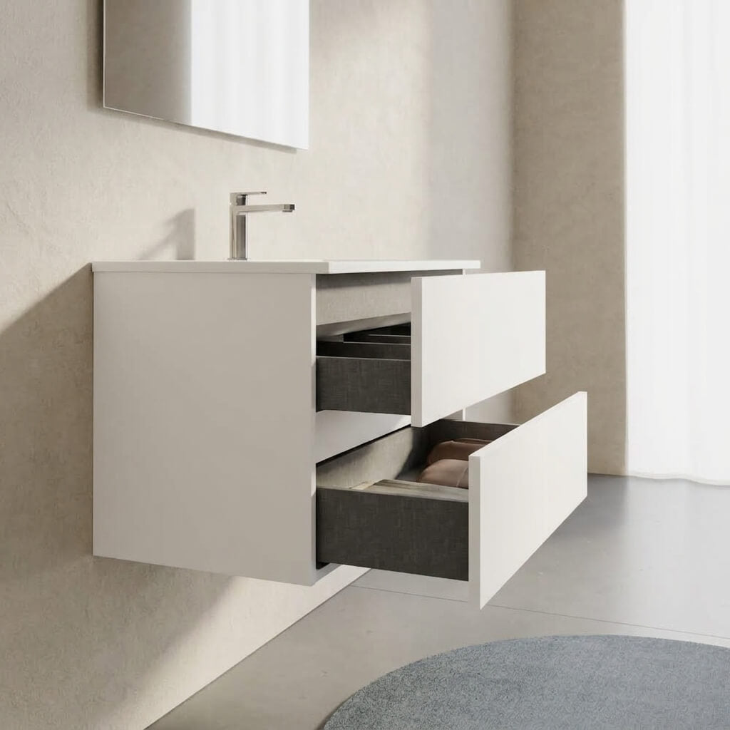 Mobile bagno Sospeso 80 cm Bianco Opaco con cassetti e lavabo in ceramica - Mod. Porto