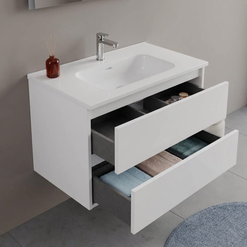 Mobile bagno Sospeso 80 cm Bianco Opaco con cassetti e lavabo in ceramica - Mod. Porto