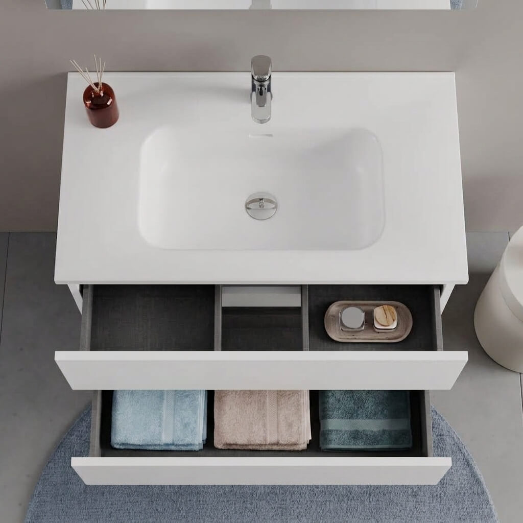 Mobile bagno Sospeso 80 cm Bianco Opaco con cassetti e lavabo in ceramica - Mod. Porto