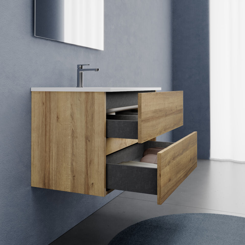 Mobile Bagno Sospeso 80 cm Rovere - Modello Porto con Lavabo in Ceramica
