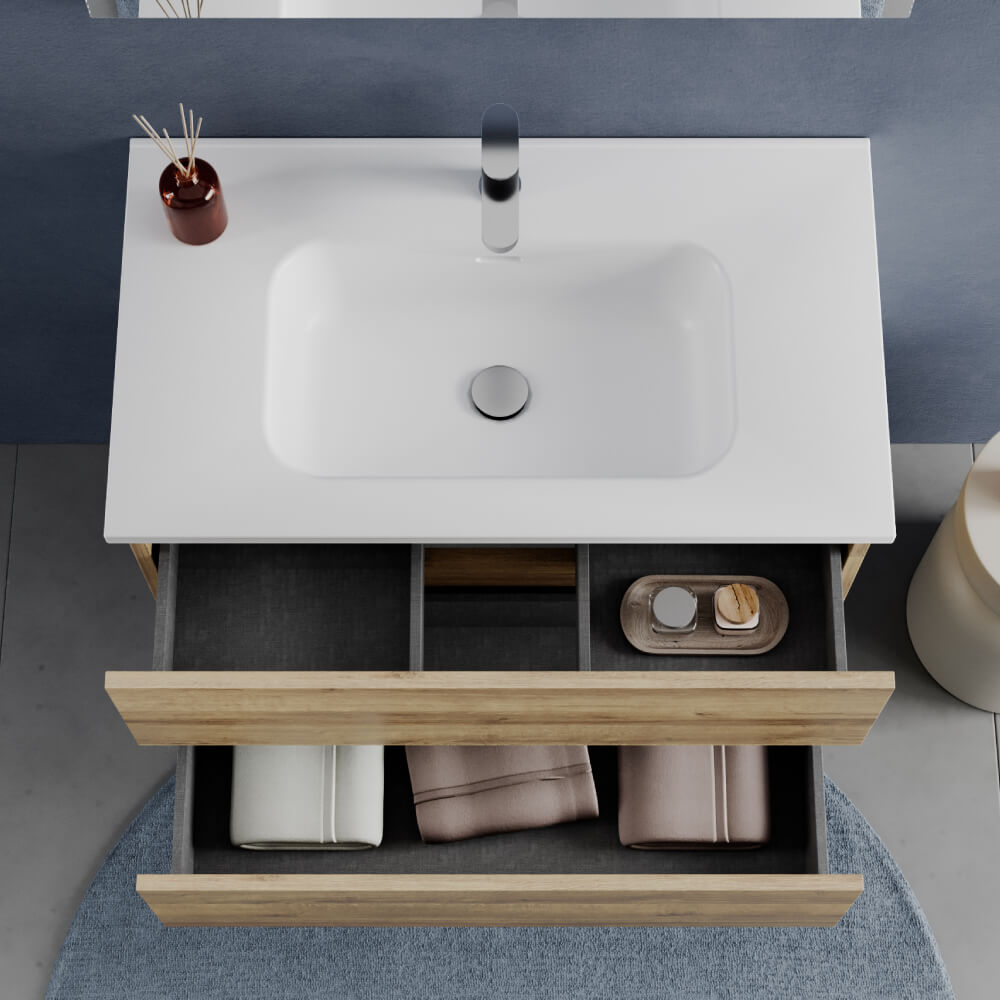 Mobile Bagno Sospeso 80 cm Rovere - Modello Porto con Lavabo in Ceramica