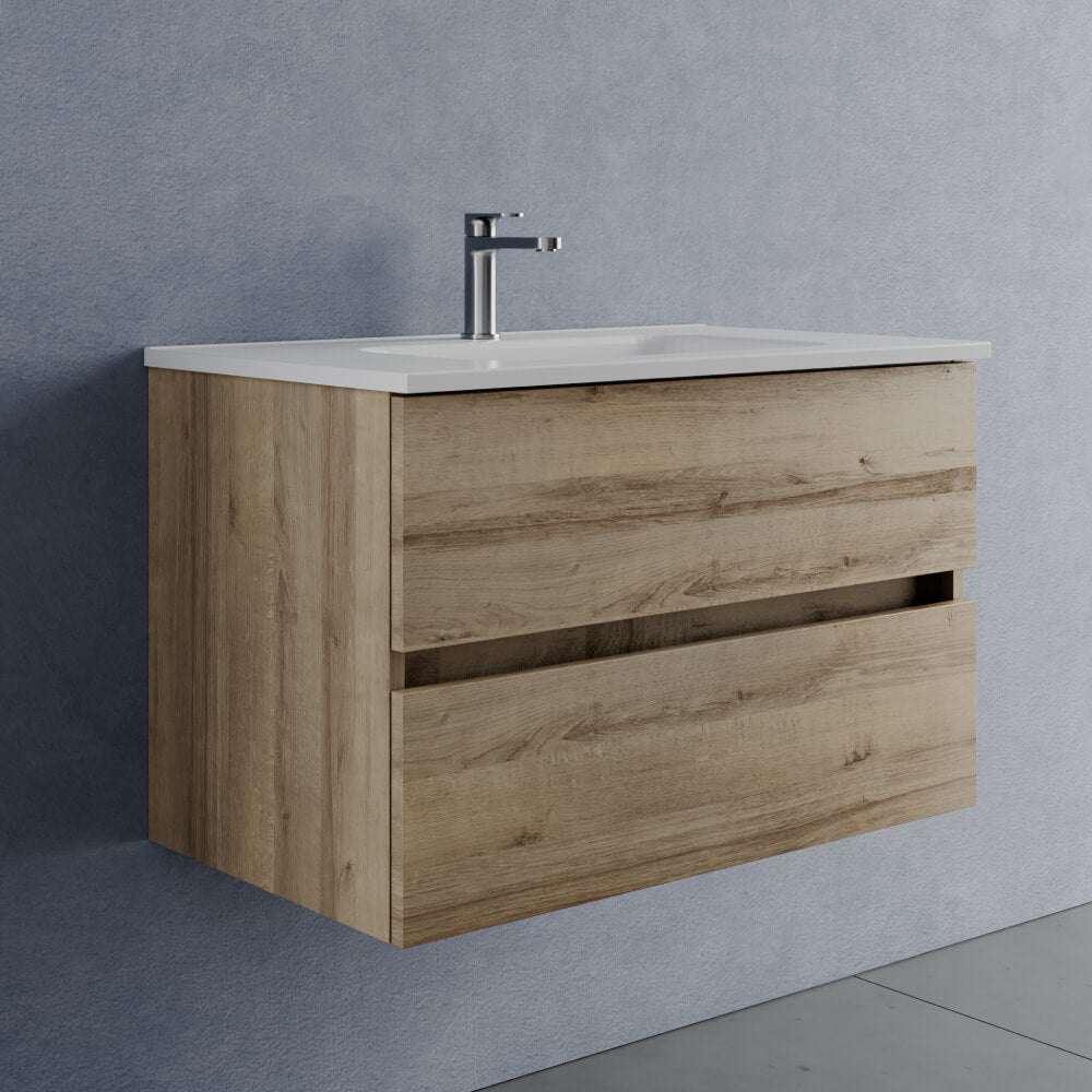 Mobile Bagno Sospeso 80 cm Rovere - Modello Porto con Lavabo in Ceramica
