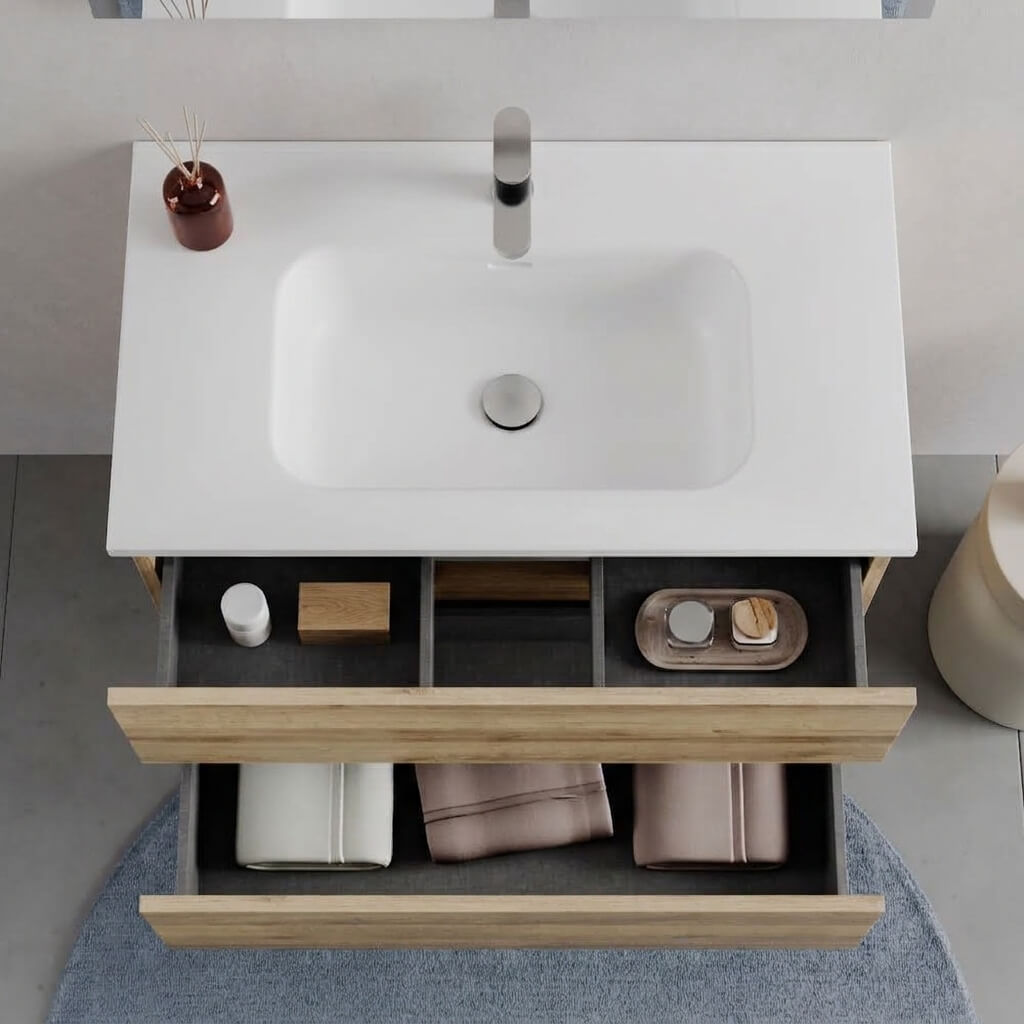 Mobile bagno Sospeso 80 cm Rovere con cassetti e lavabo in ceramica - Mod. Porto