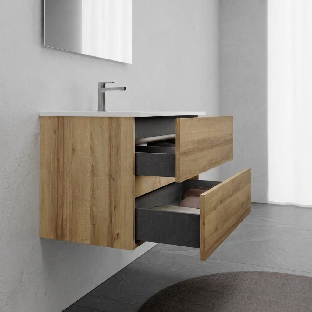 Mobile bagno Sospeso 80 cm Rovere con cassetti e lavabo in ceramica - Mod. Porto