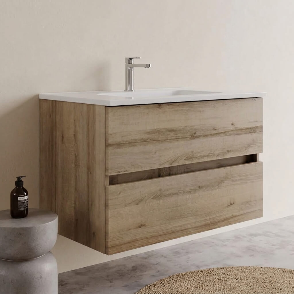 Mobile bagno Sospeso 80 cm Rovere con cassetti e lavabo in ceramica - Mod. Porto