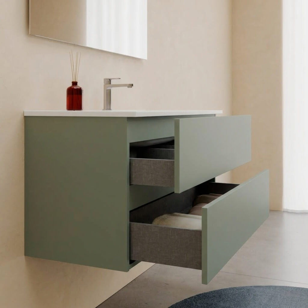 Mobile bagno Sospeso 80 cm Verde Salvia con cassetti e lavabo in ceramica - Mod. Porto