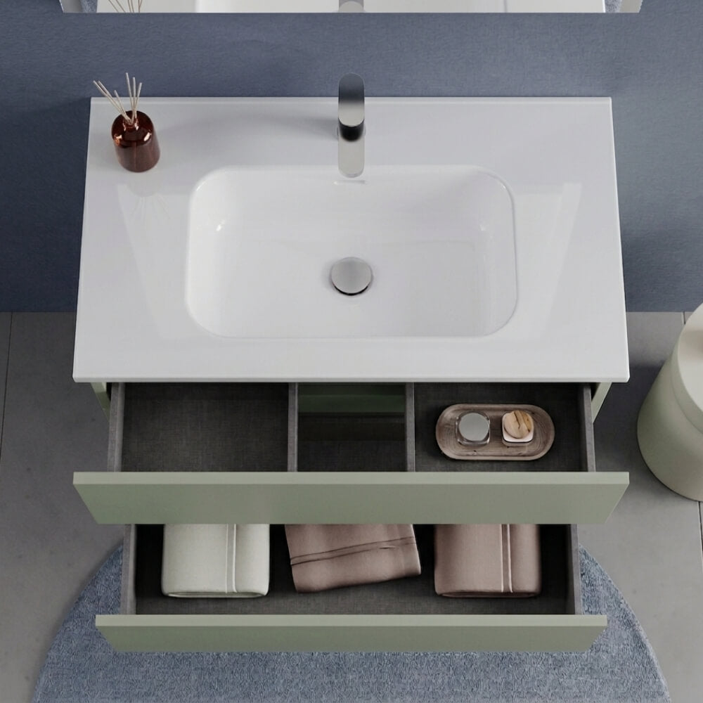 Mobile Bagno Sospeso 80 cm Verde Salvia - Modello Porto con Lavabo in Ceramica