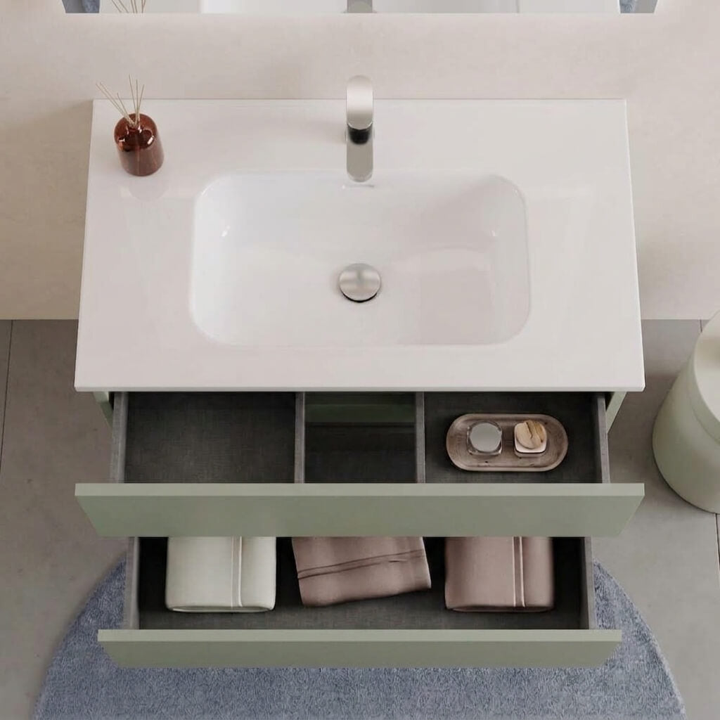 Mobile bagno Sospeso 80 cm Verde Salvia con cassetti e lavabo in ceramica - Mod. Porto