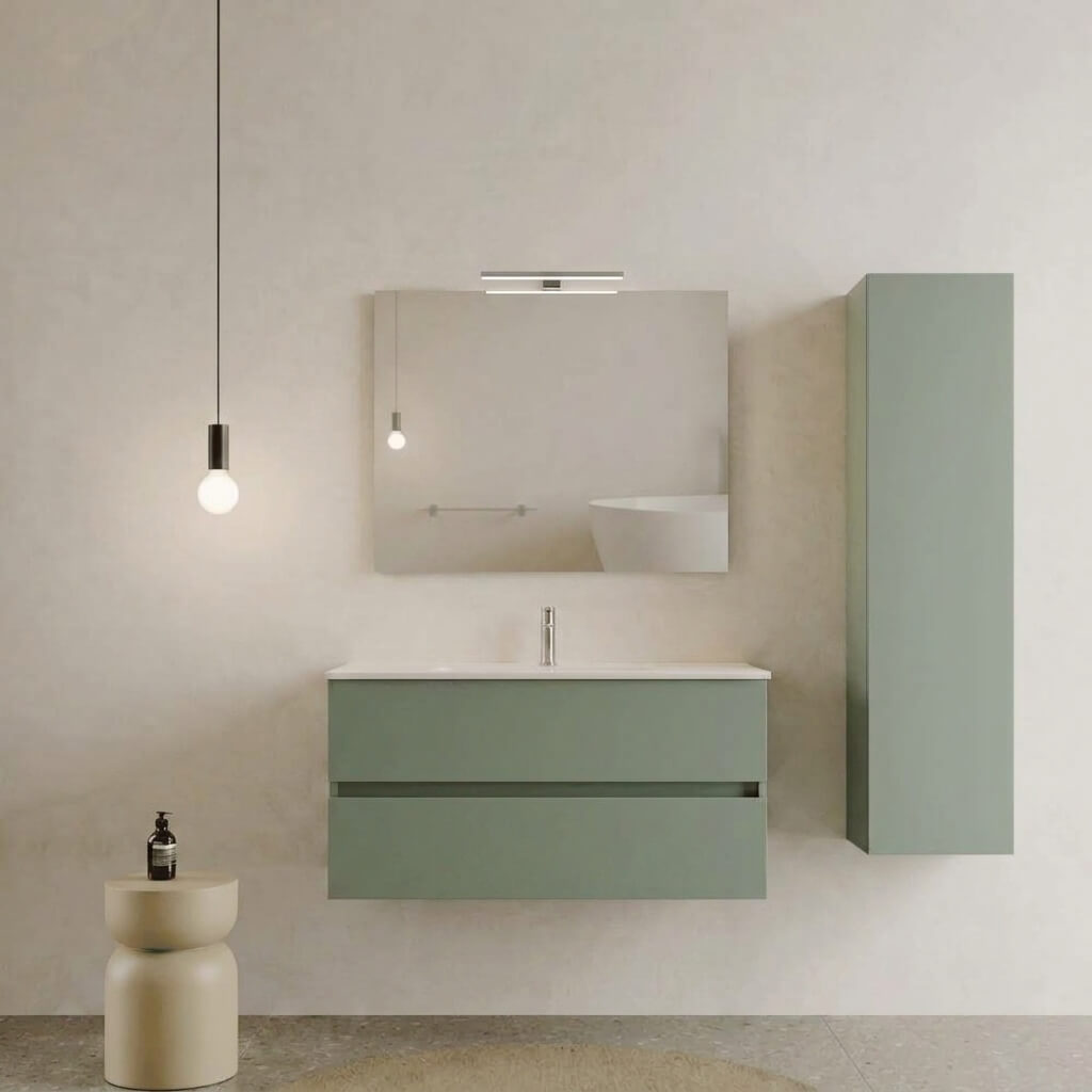 Mobile bagno Sospeso 100 cm Verde Salvia con cassetti e lavabo in ceramica - Mod. Porto