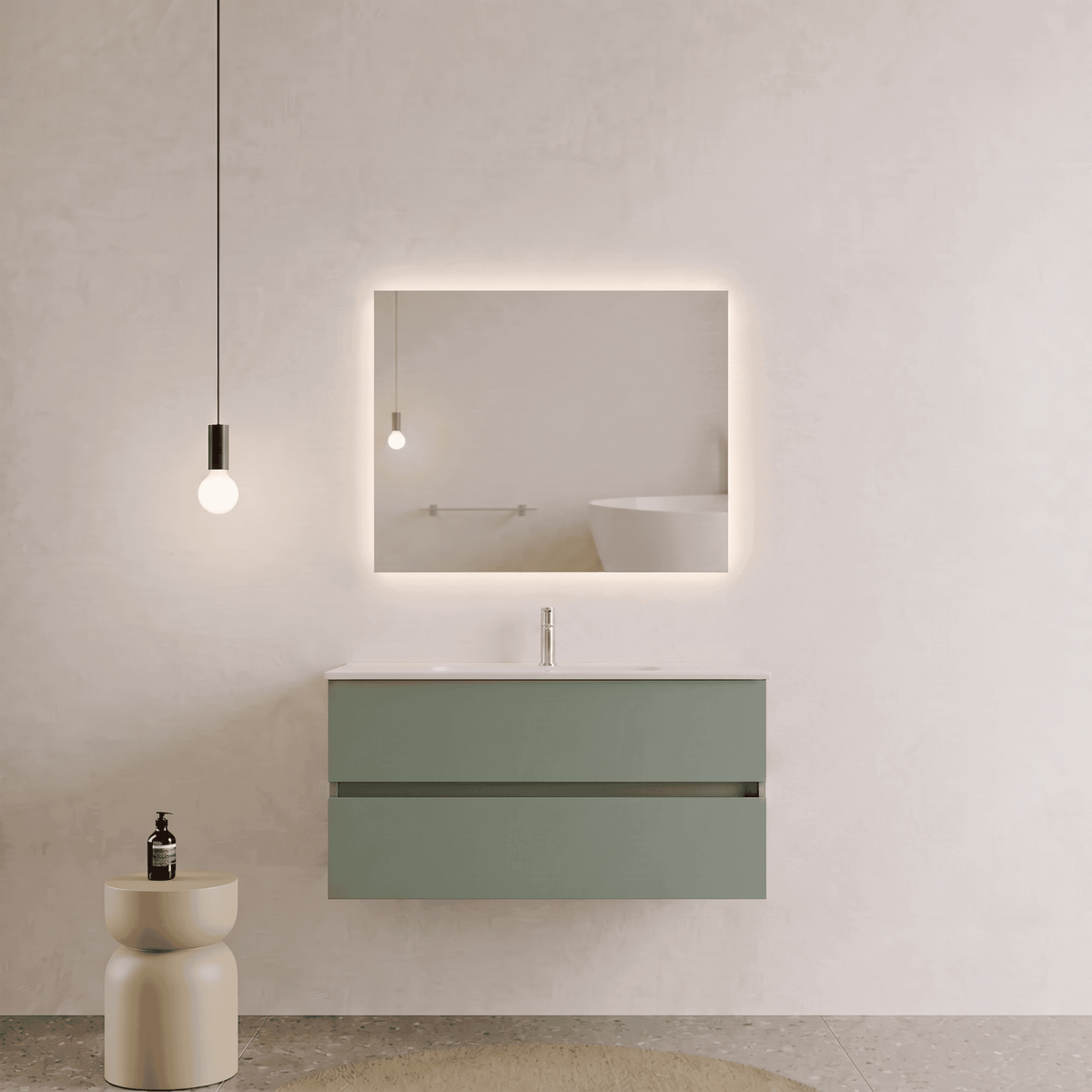 Mobile bagno Sospeso 100 cm Verde Salvia con cassetti e lavabo in ceramica - Mod. Porto