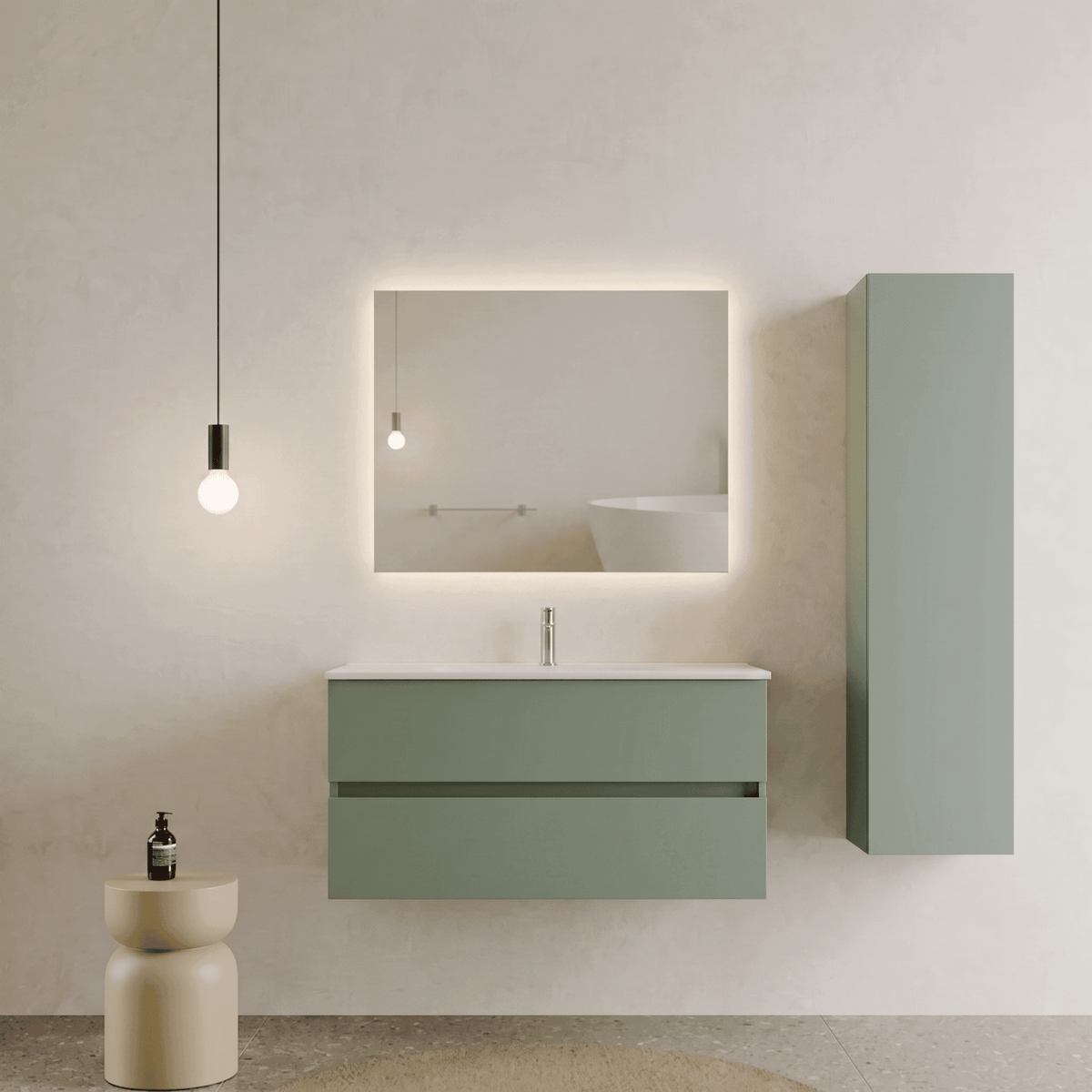 Mobile bagno Sospeso 100 cm Verde Salvia con cassetti e lavabo in ceramica - Mod. Porto