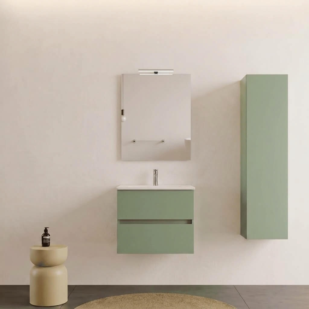 Mobile bagno Sospeso 60 cm Verde Salvia con cassetti e lavabo in ceramica - Mod. Porto