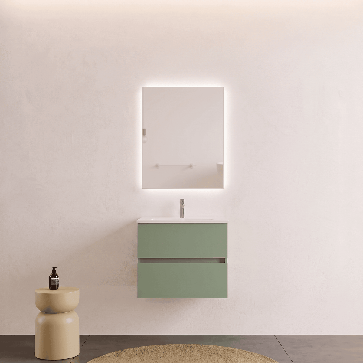 Mobile bagno Sospeso 60 cm Verde Salvia con cassetti e lavabo in ceramica - Mod. Porto