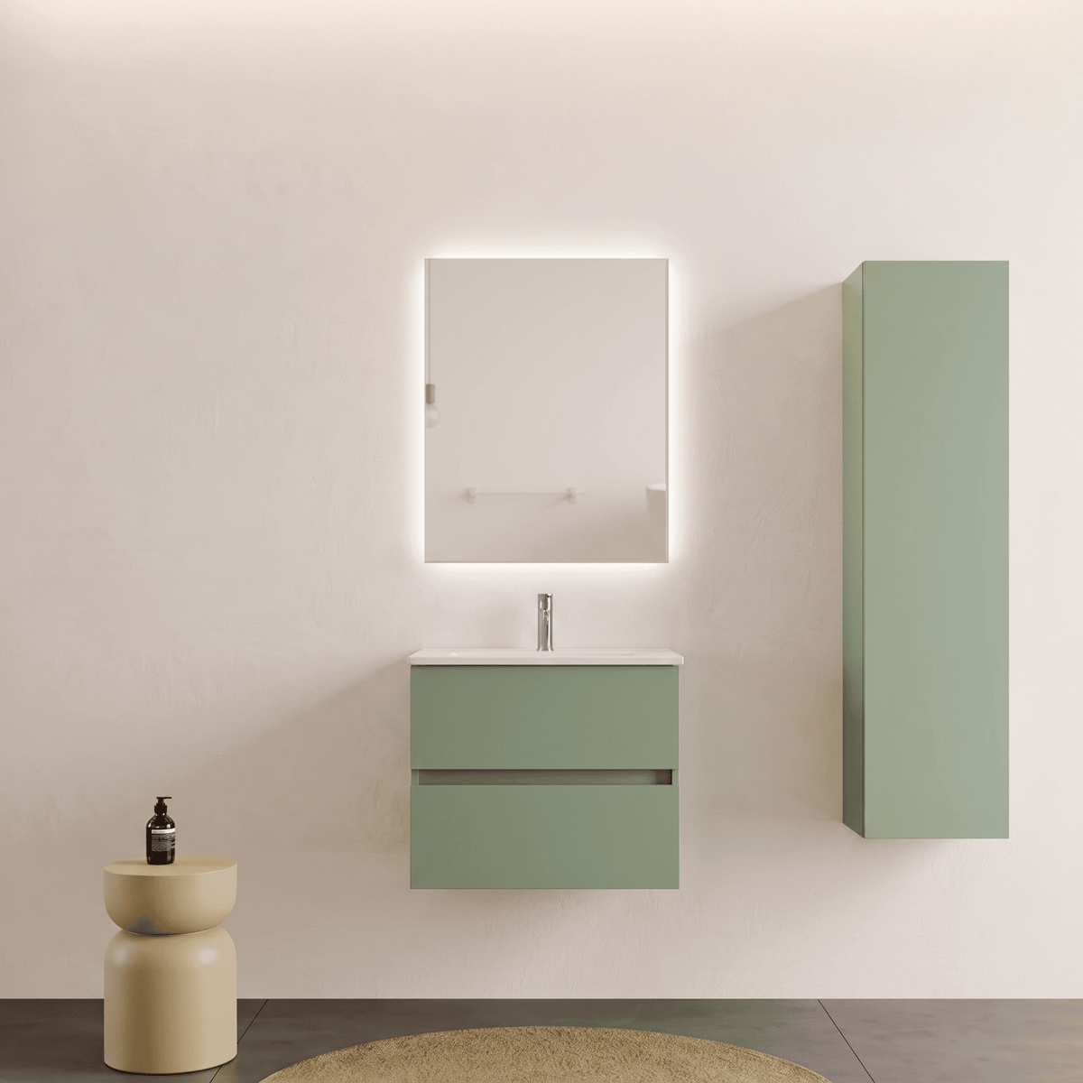 Mobile bagno Sospeso 60 cm Verde Salvia con cassetti e lavabo in ceramica - Mod. Porto