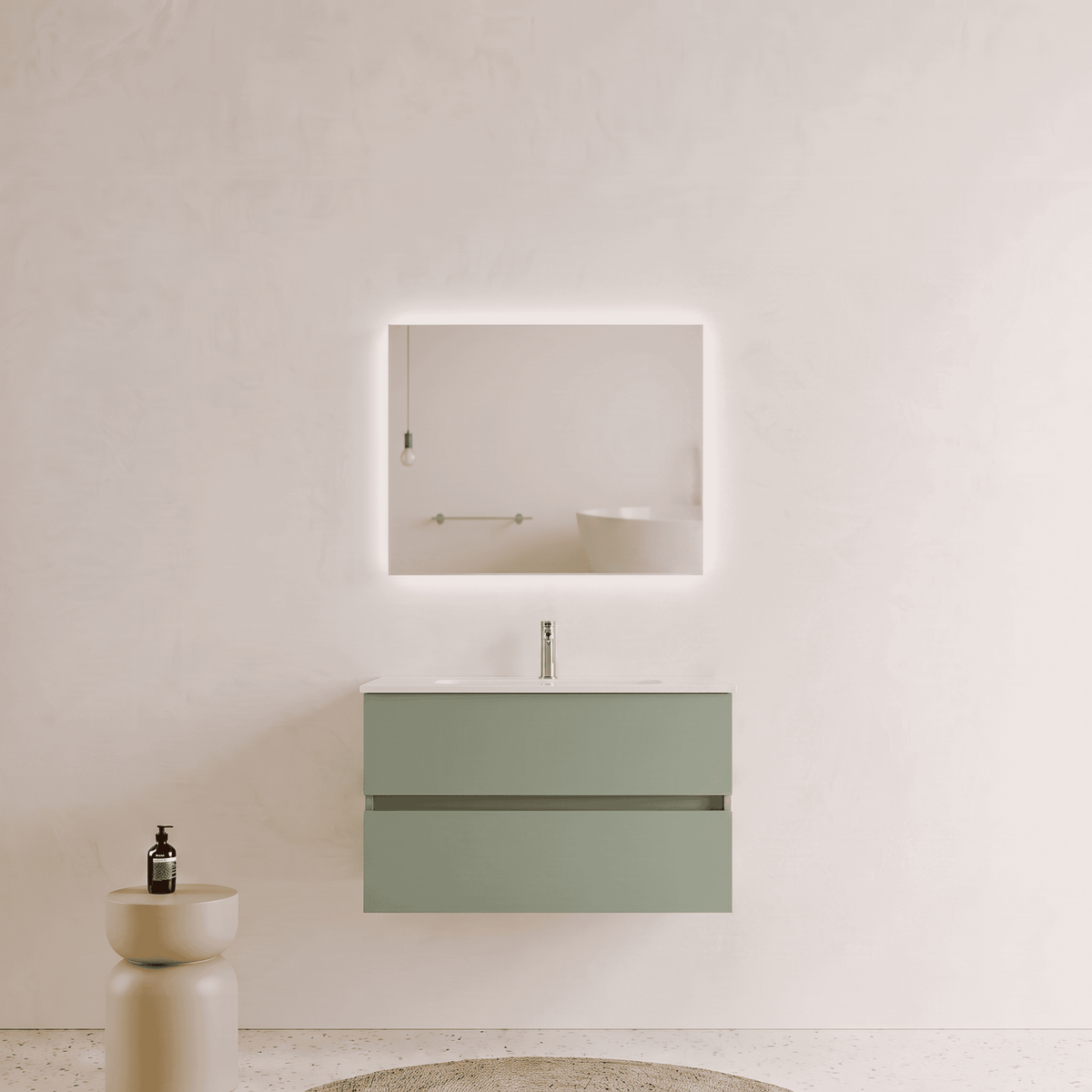 Mobile bagno Sospeso 80 cm Verde Salvia con cassetti e lavabo in ceramica - Mod. Porto