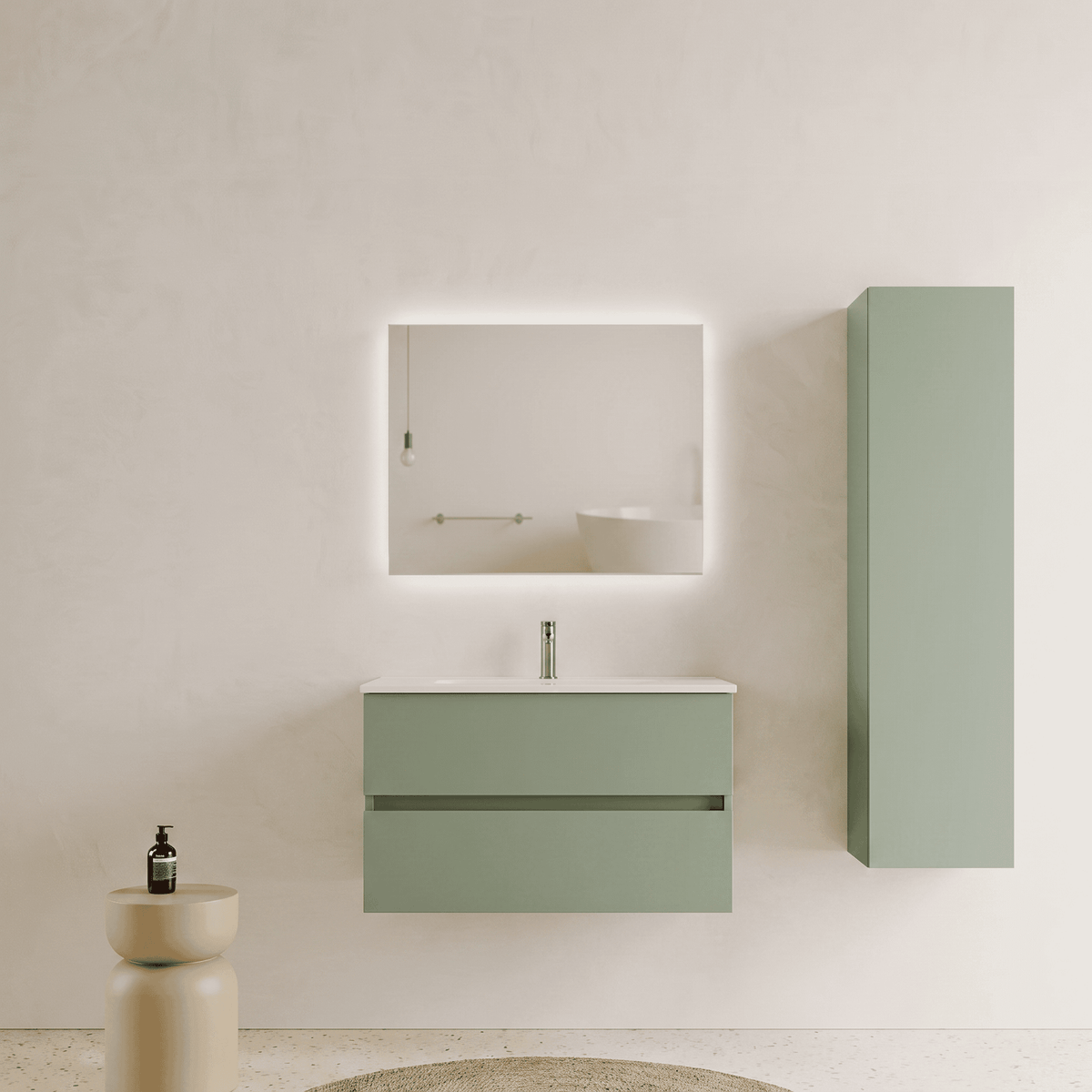 Mobile bagno Sospeso 80 cm Verde Salvia con cassetti e lavabo in ceramica - Mod. Porto
