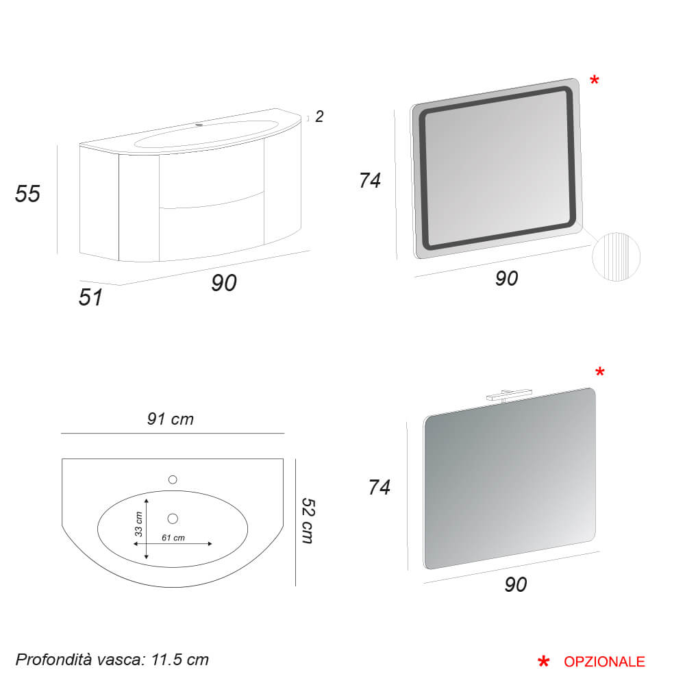 Mobile bagno sospeso 90 cm Rovere scuro design tondo Arcshop