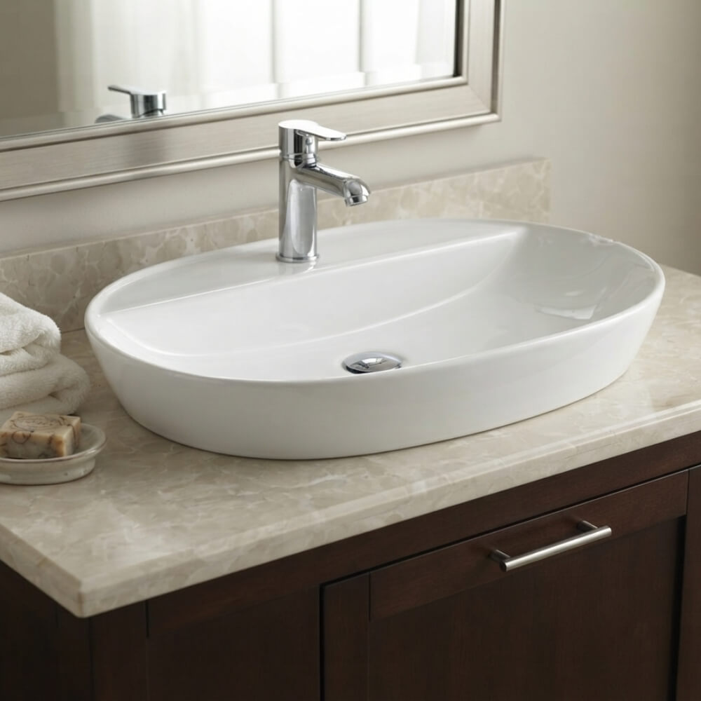 Lavabo da appoggio ovale 60 cm con foro rubinetto in ceramica bianco lucido