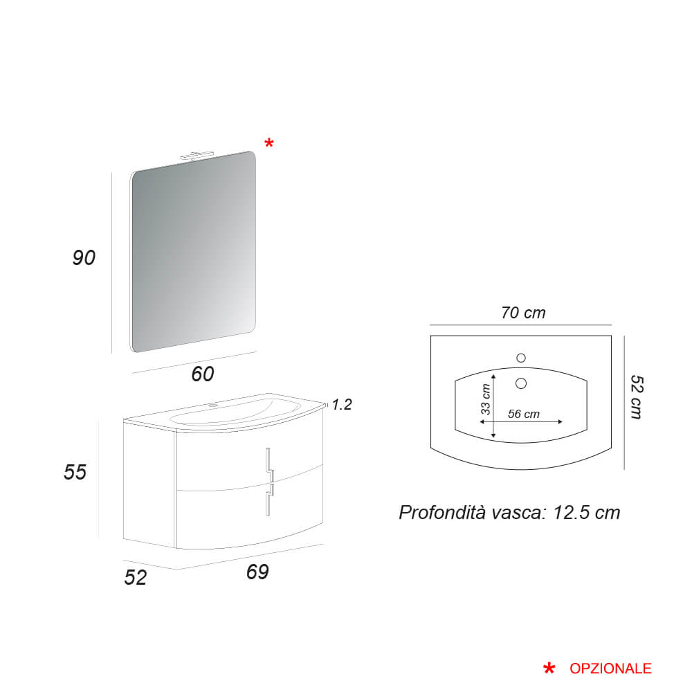 Mobile da bagno sospeso bianco lucido 70 cm Arcshop