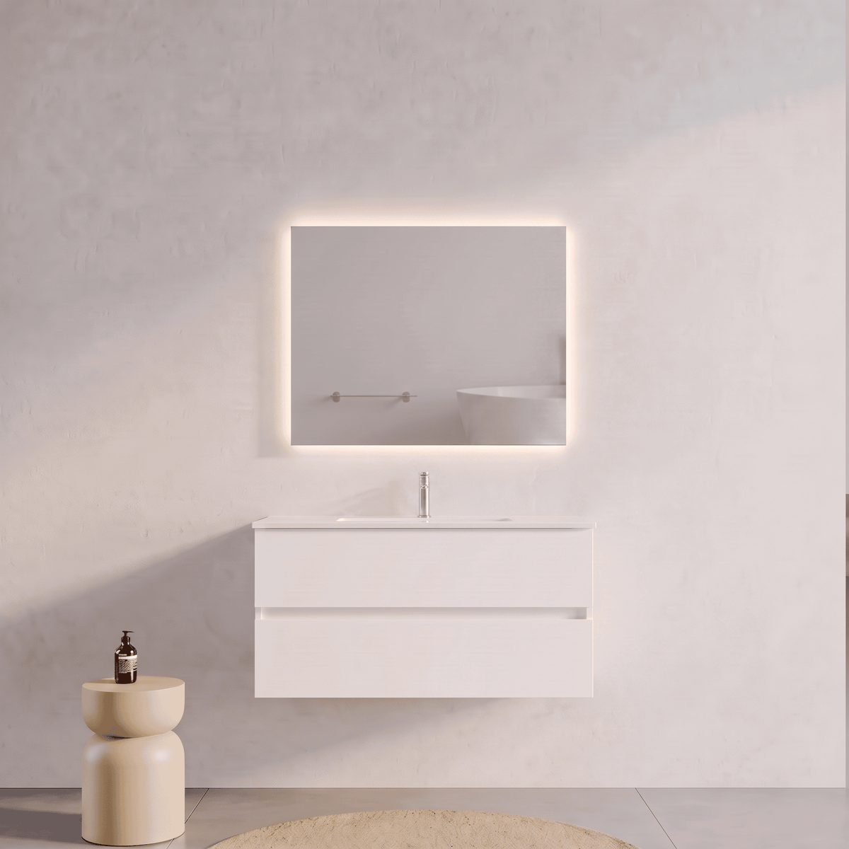 Mobile bagno Sospeso 100 cm Bianco Opaco con cassetti e lavabo in ceramica - Mod. Porto