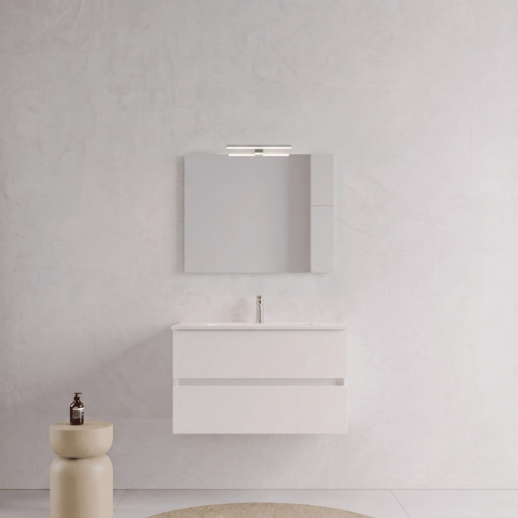 Mobile bagno Sospeso 80 cm Bianco Opaco con cassetti e lavabo in ceramica - Mod. Porto