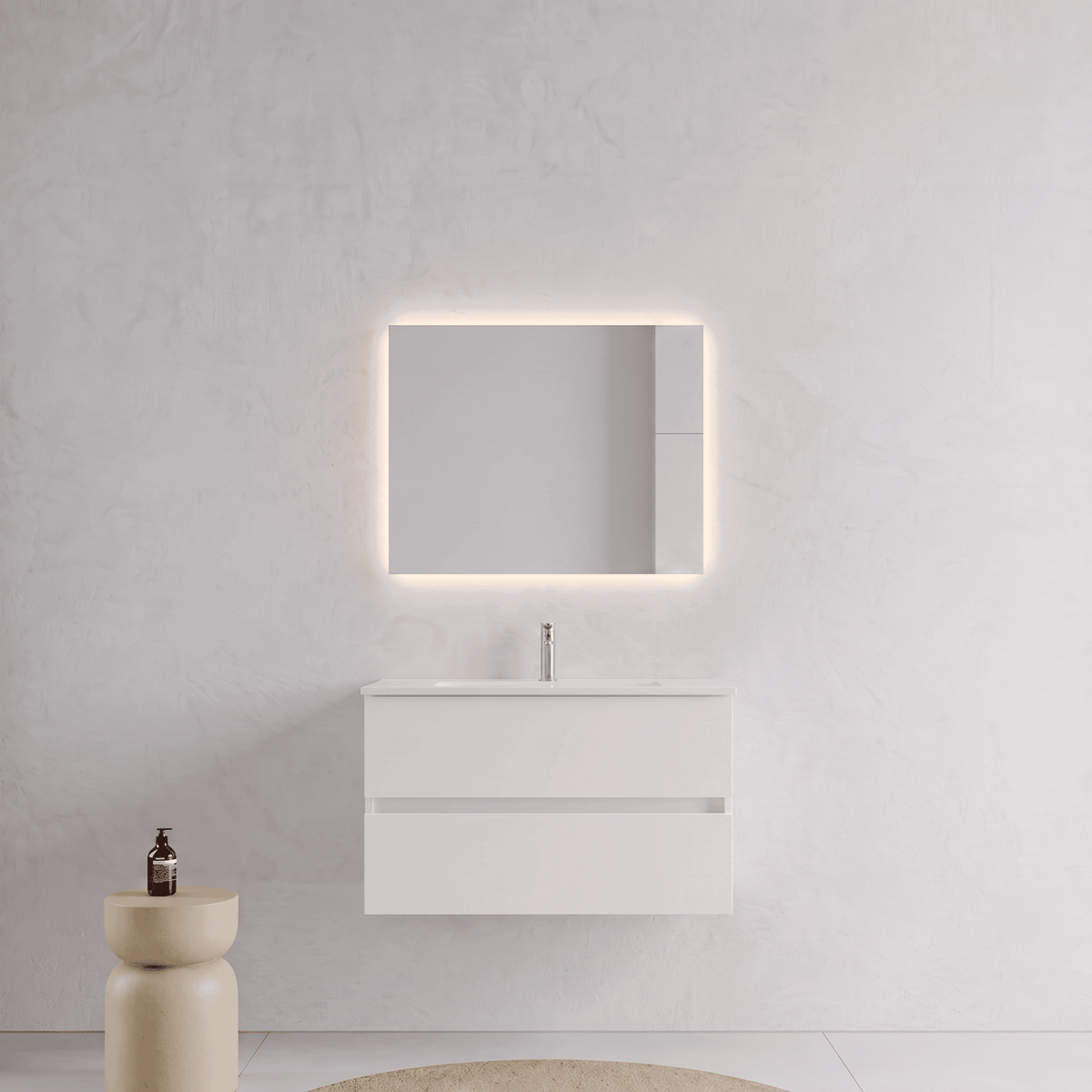 Mobile bagno Sospeso 80 cm Bianco Opaco con cassetti e lavabo in ceramica - Mod. Porto