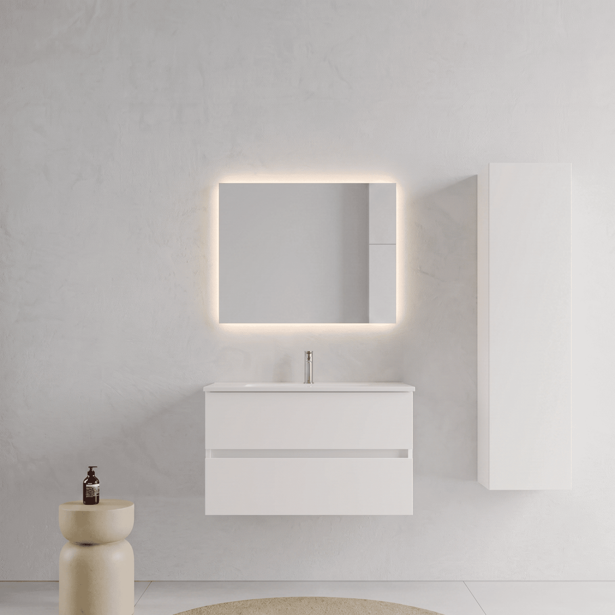 Mobile bagno Sospeso 80 cm Bianco Opaco con cassetti e lavabo in ceramica - Mod. Porto