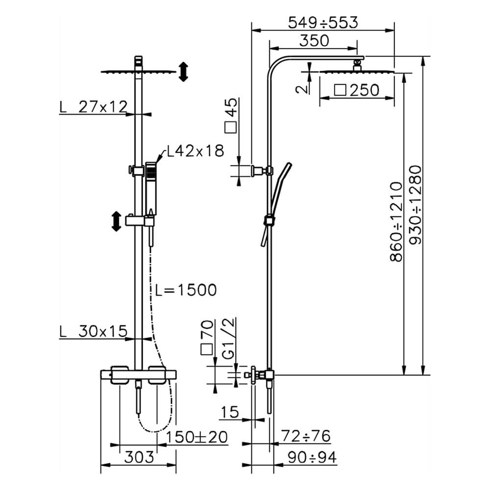 Colonna doccia termostatica Huber Quadro 35 con miscelatore a corpo fredda Arcshop