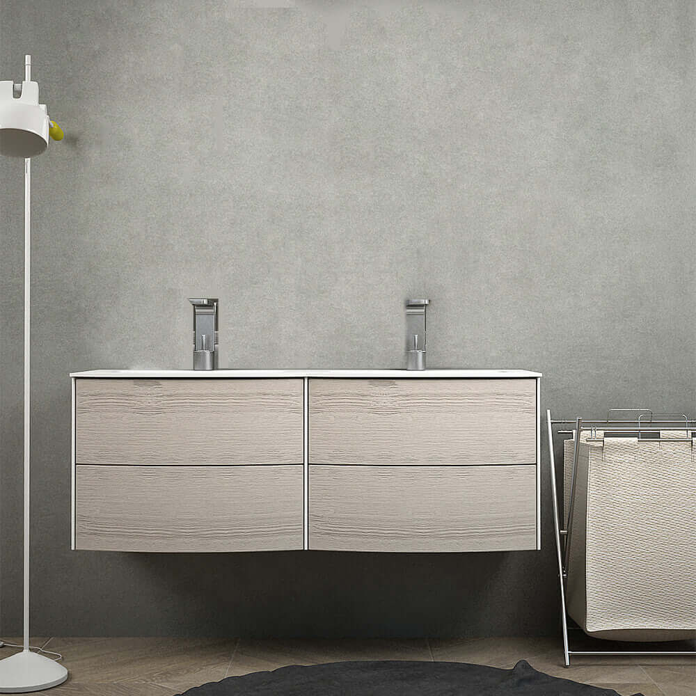 Mobile da bagno sospeso doppio lavabo 120 cm rovere sbiancato