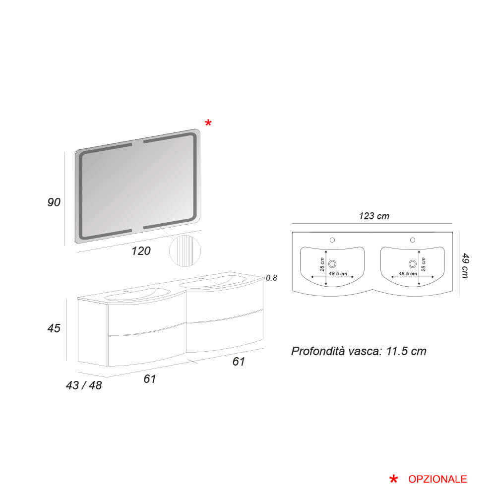 Rio mobile da bagno sospeso 120 cm doppia vasca rovere tabacco
