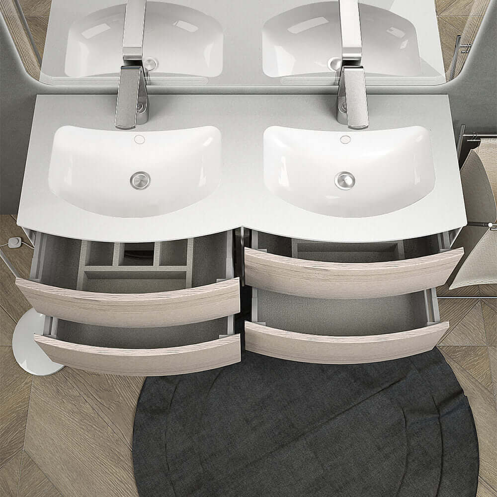 Mobile da bagno sospeso doppio lavabo 120 cm rovere sbiancato