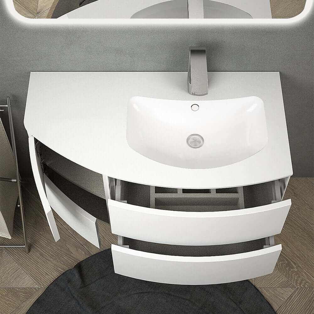 Mobile bagno Rio 90 Bianco opaco sospeso asimmetrico design curvo