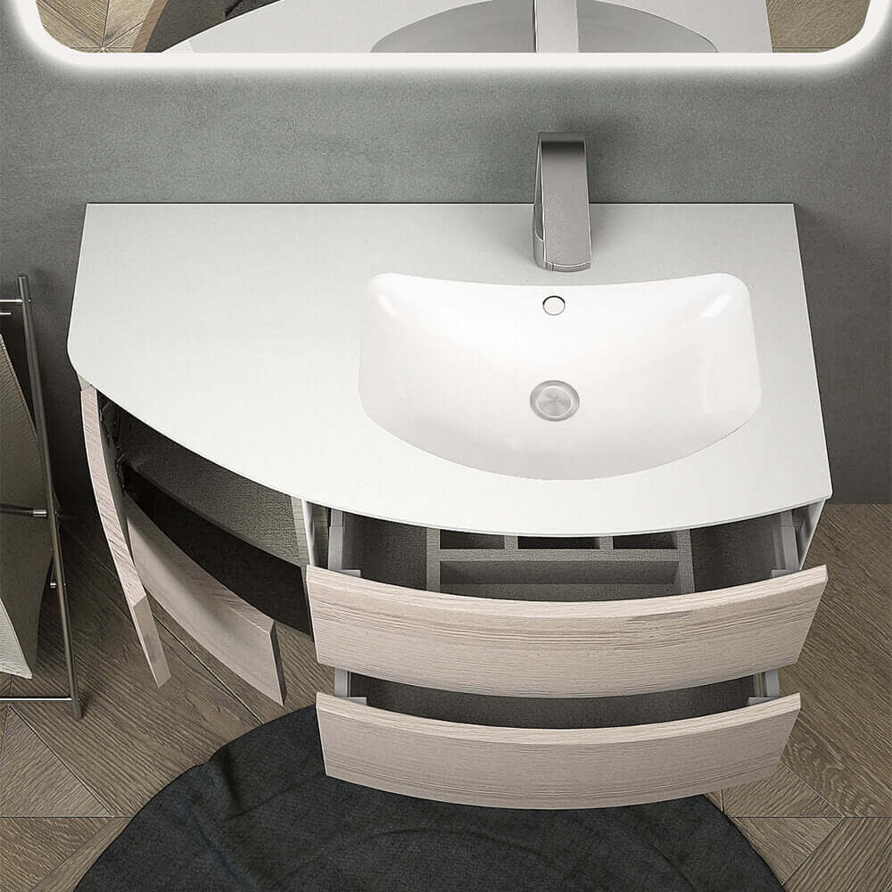 Mobile per bagno sospeso 60 cm Rovere sbiancato design curvo asimmetrico modello Rio