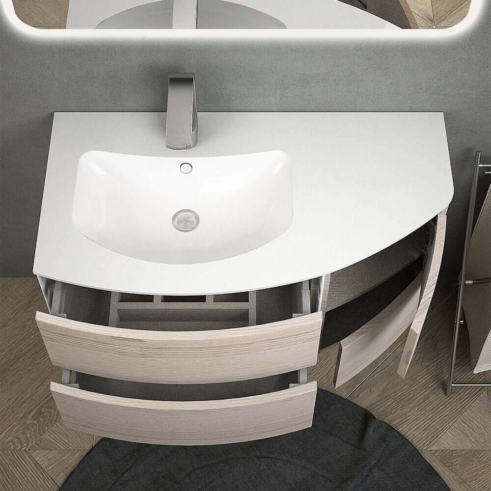 Mobile per bagno sospeso 60 cm Rovere sbiancato design curvo asimmetrico modello Rio Arcshop