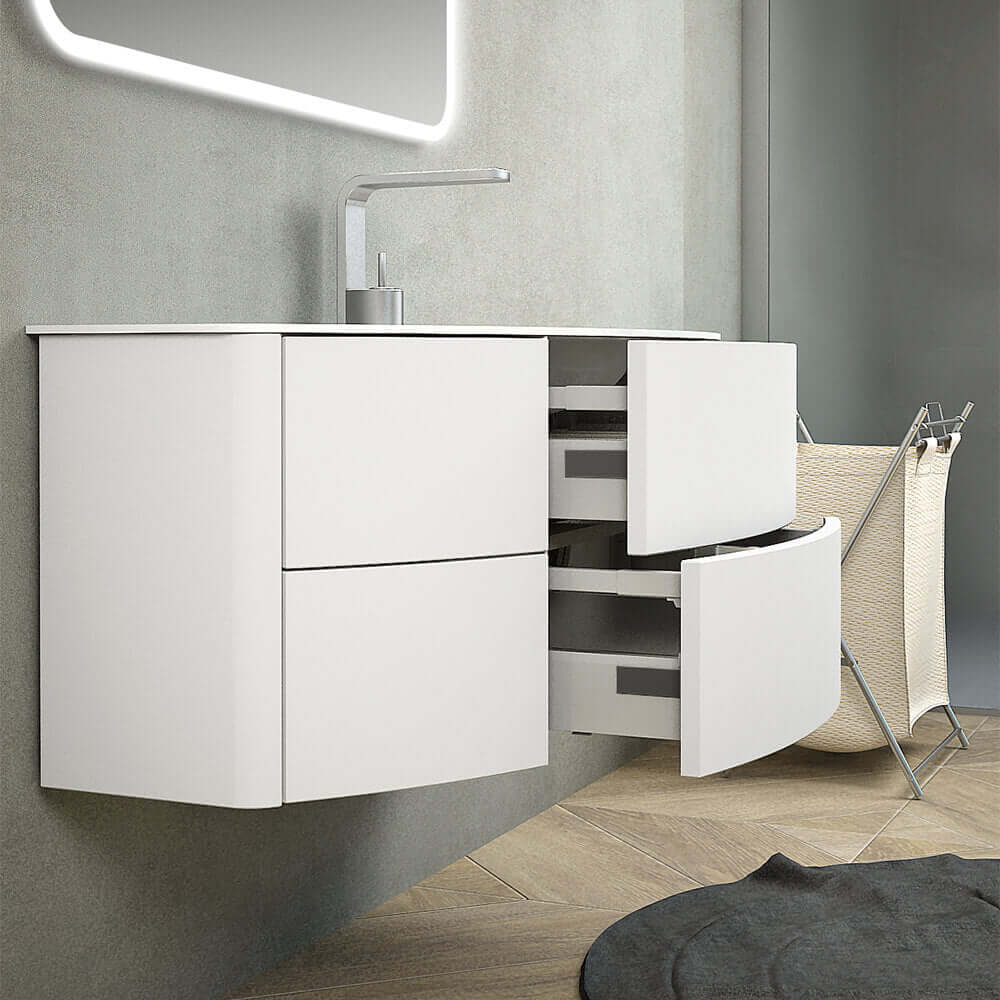 Mobile bagno Rio 90 Bianco opaco sospeso asimmetrico design curvo