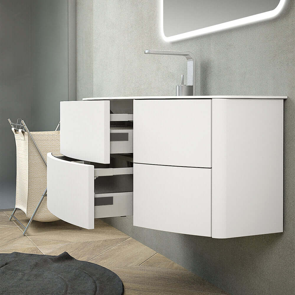 Mobile bagno Rio 90 Bianco opaco sospeso asimmetrico design curvo Arcshop