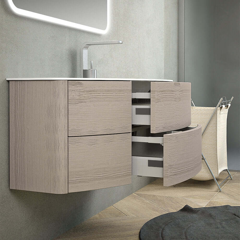 Mobile per bagno sospeso 60 cm Rovere sbiancato design curvo asimmetrico modello Rio