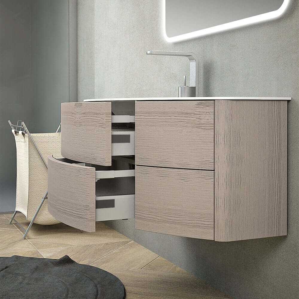 Mobile per bagno sospeso 60 cm Rovere sbiancato design curvo asimmetrico modello Rio Arcshop