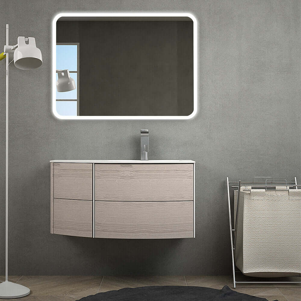 Mobile per bagno sospeso 60 cm Rovere sbiancato design curvo asimmetrico modello Rio