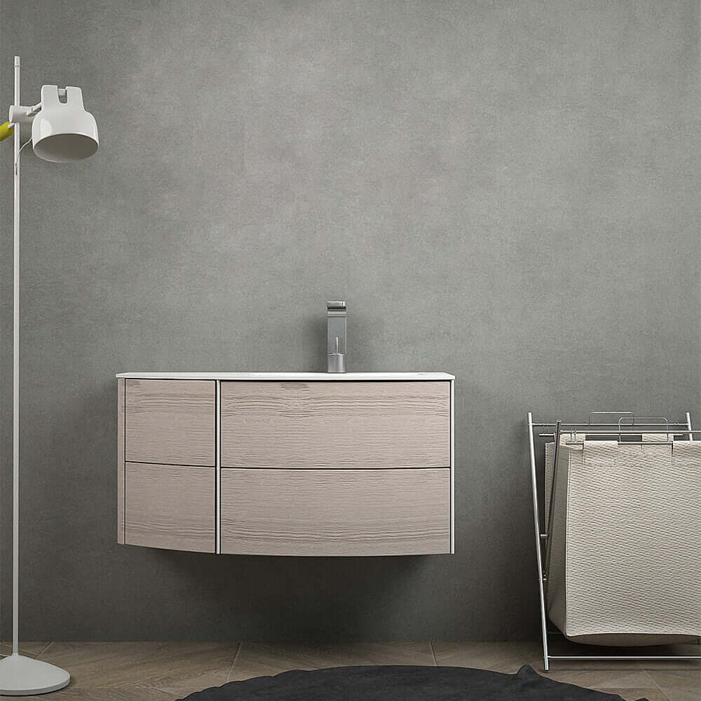 Mobile per bagno sospeso 60 cm Rovere sbiancato design curvo asimmetrico modello Rio