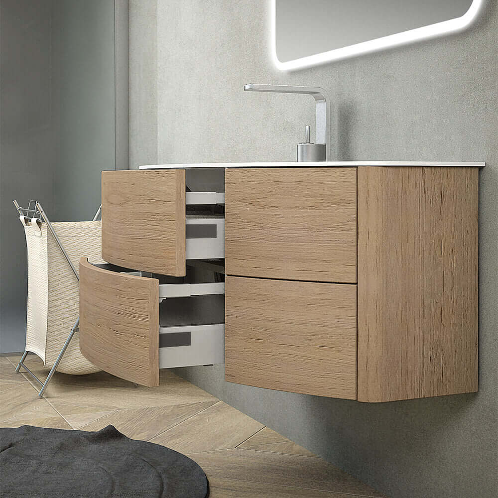 Mobile da bagno Rovere tabacco sospeso 60 cm Rio curvo asimmetrico