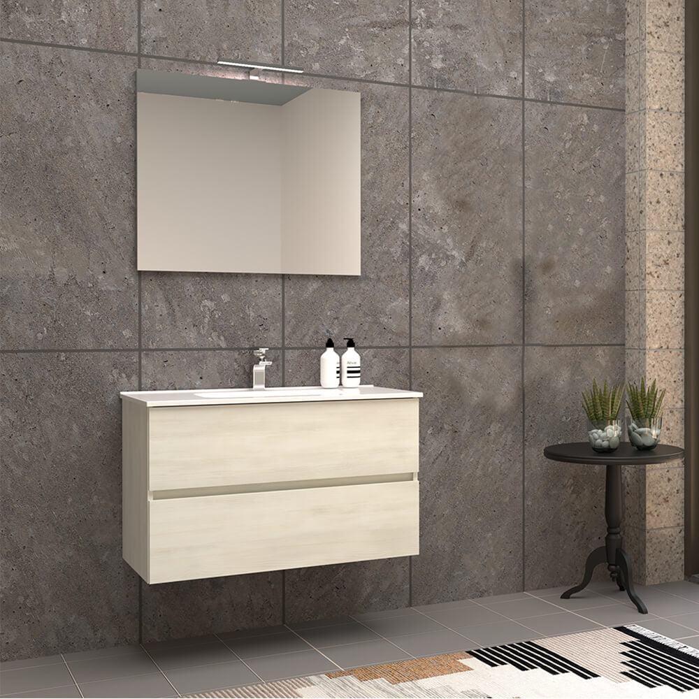 Mobile per bagno 90 cm bianco larice sospeso doppio cassetto Mod. Roxy