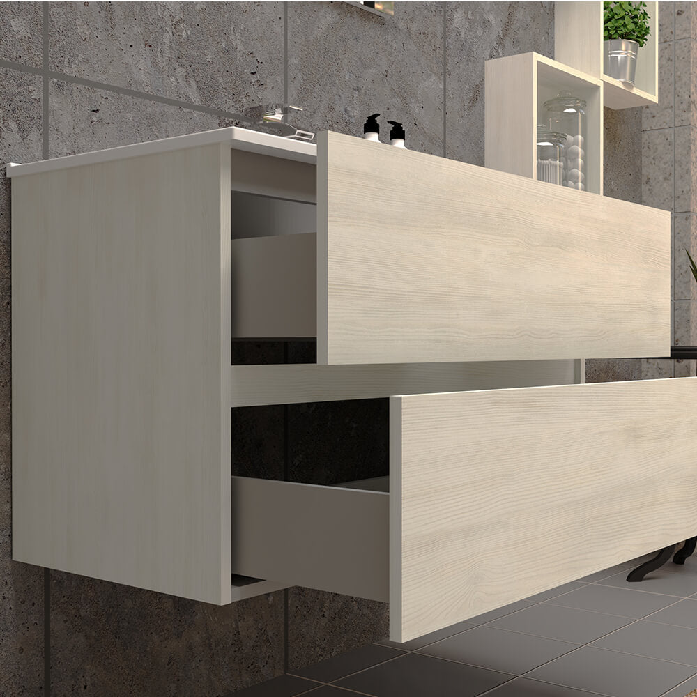 Mobile per bagno 90 cm bianco larice sospeso doppio cassetto Mod. Roxy