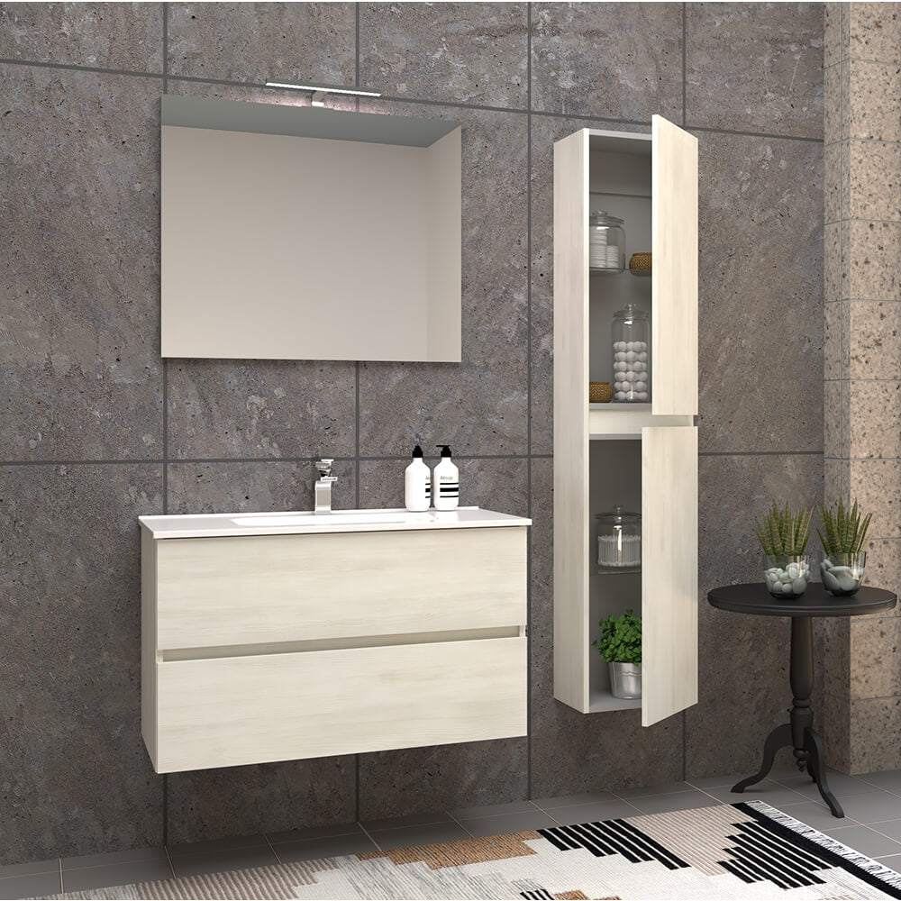 Mobile per bagno 90 cm bianco larice sospeso doppio cassetto Mod. Roxy Arcshop